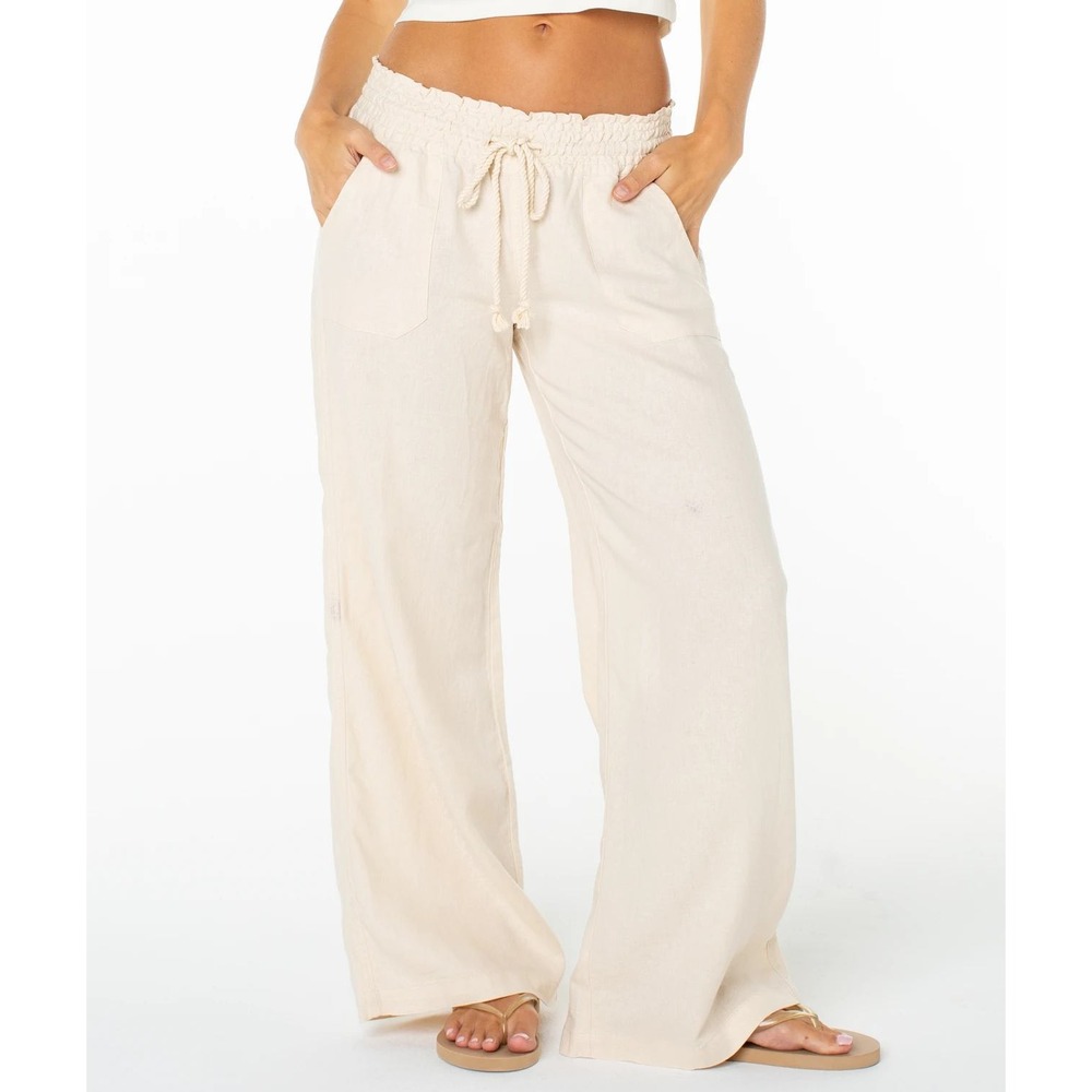 Roxy Oceanside Wide Leg Linen Blend Pants Small White Smocked Rope Drawstring